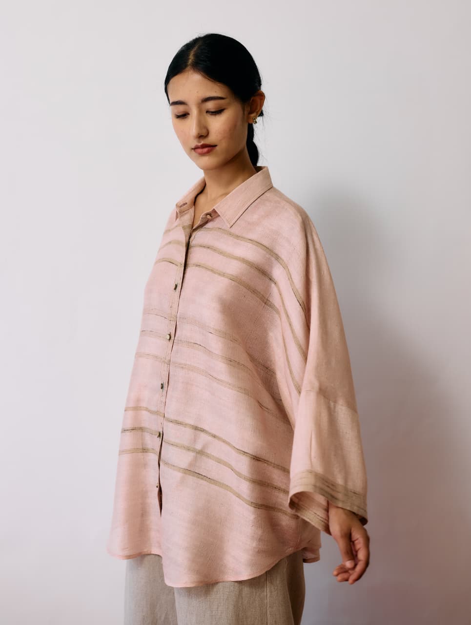 INES HANDWOVEN TUSSAR SILK SHIRT - ECRU PINK