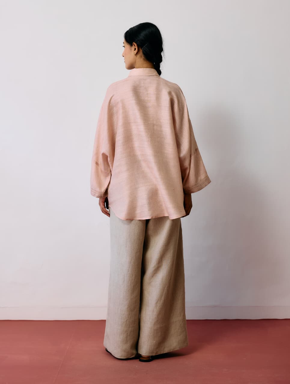 INES HANDWOVEN TUSSAR SILK SHIRT - ECRU PINK