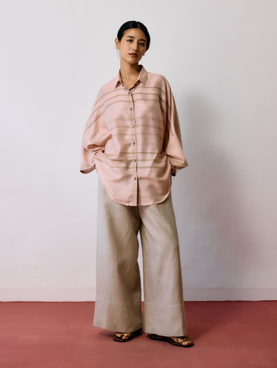 INES HANDWOVEN TUSSAR SILK SHIRT - ECRU PINK