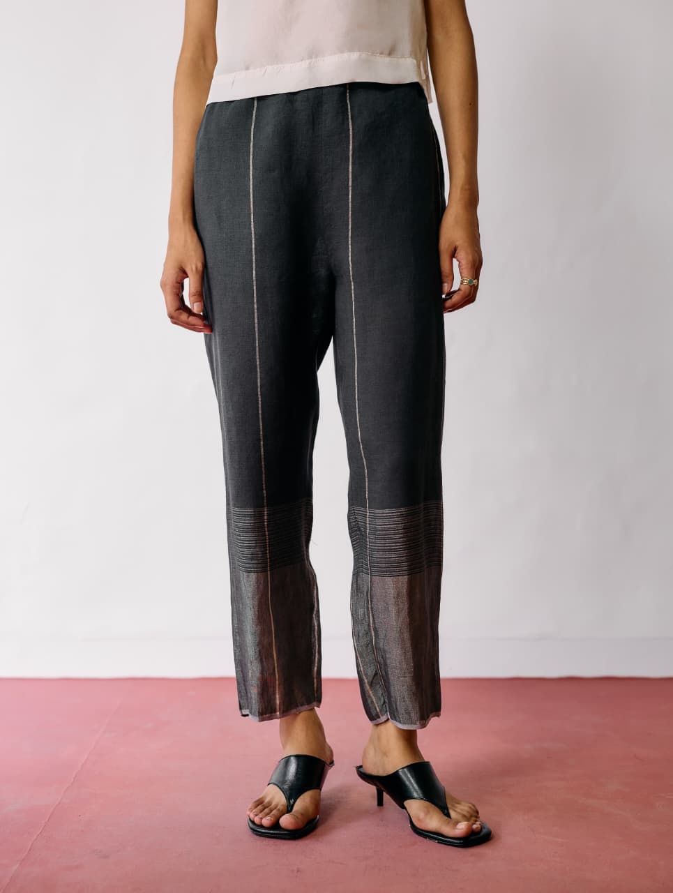 NILA TAPERED METALLIC LINEN PANTS - CHARCOAL