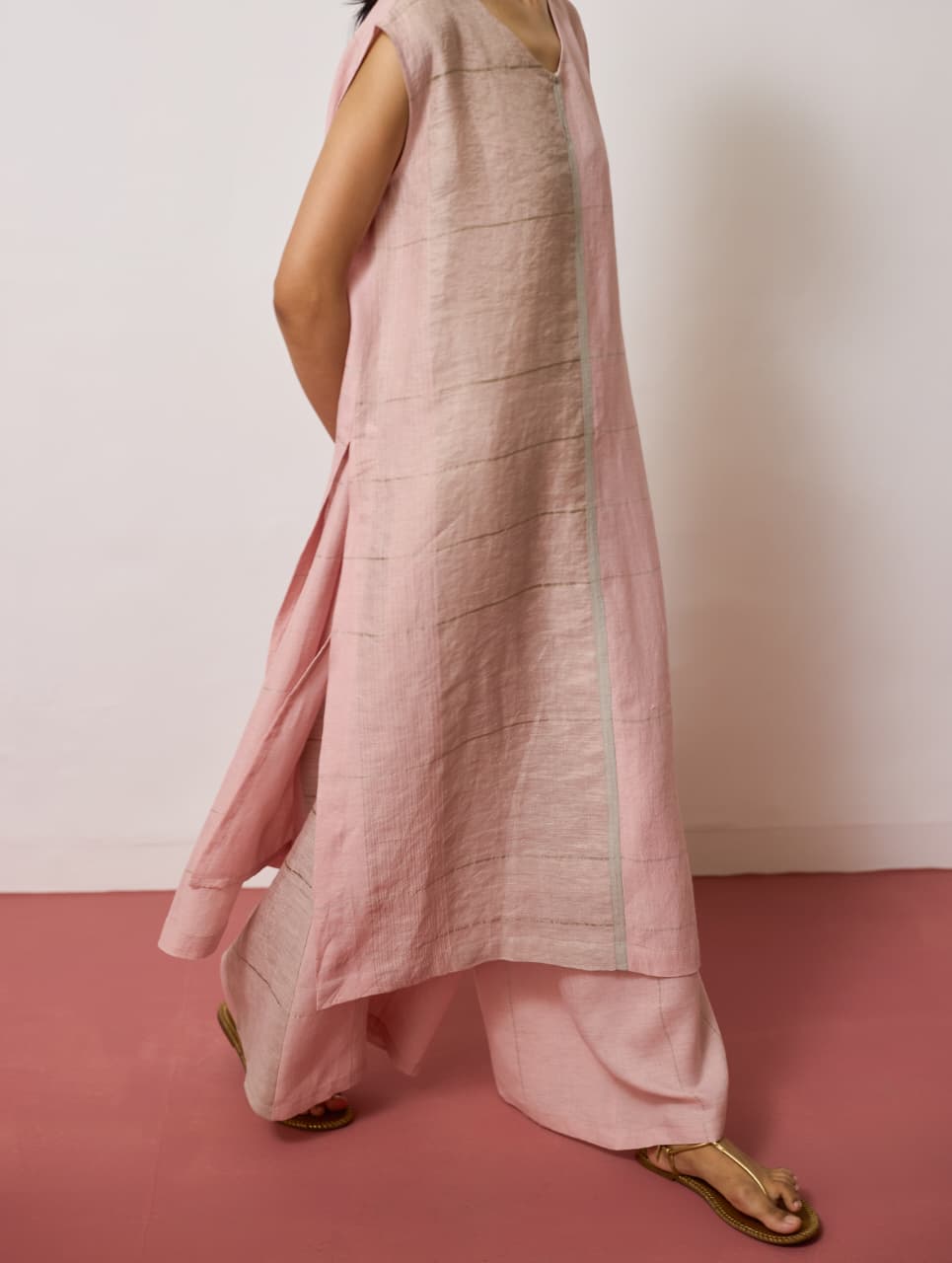 SERA WIDE-LEG METALLIC LINEN PANTS - PINK