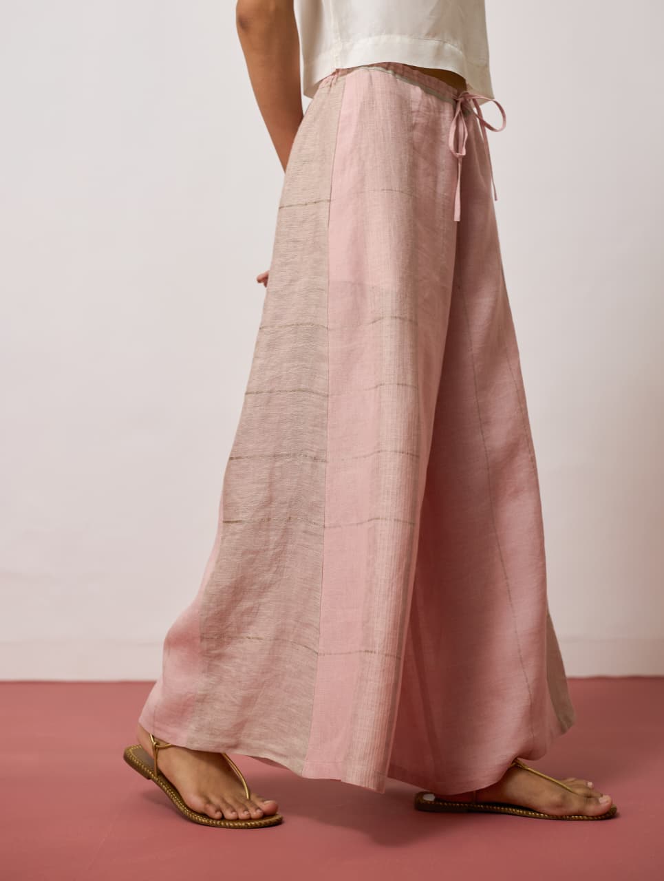 SERA WIDE-LEG METALLIC LINEN PANTS - PINK
