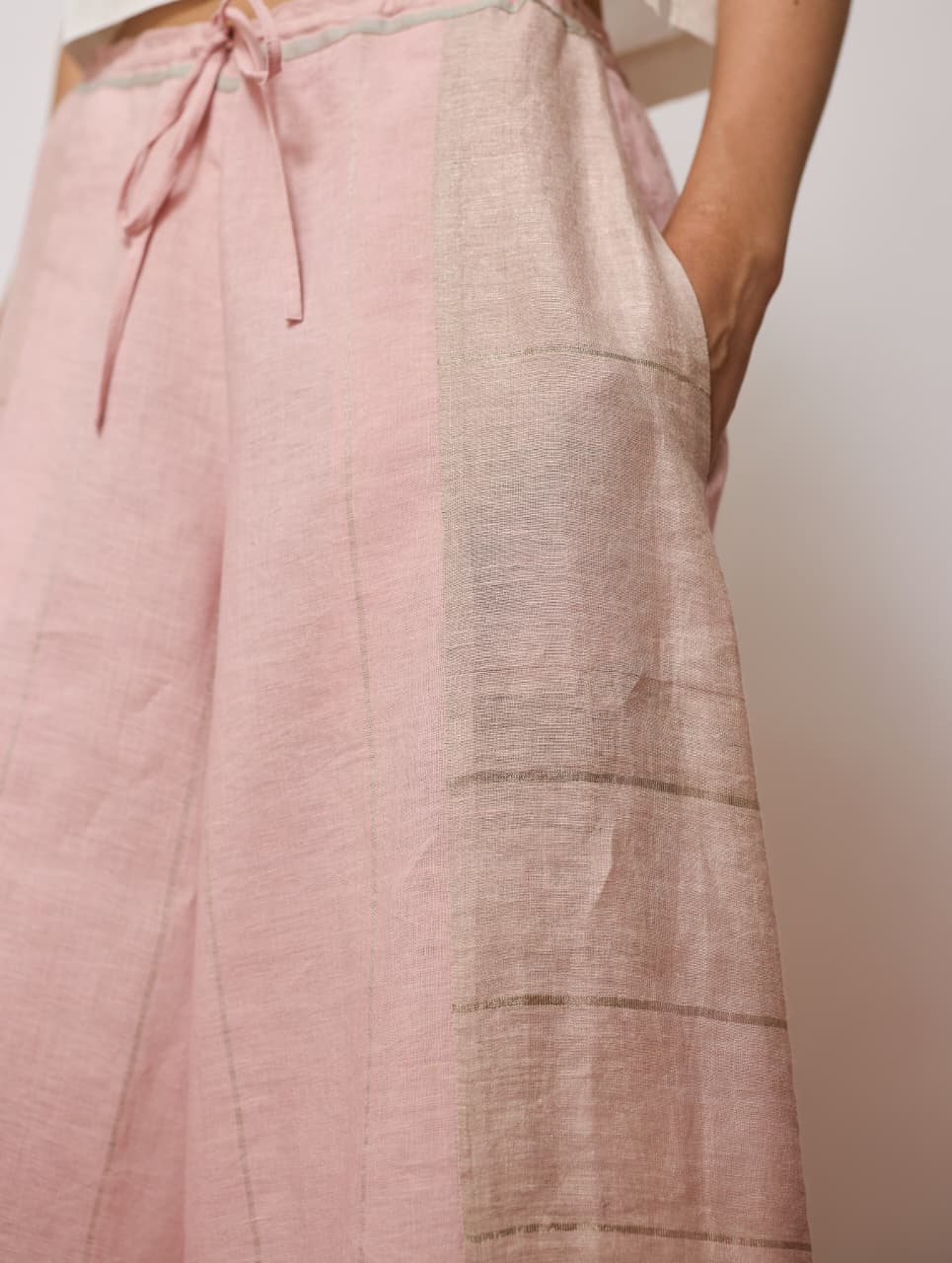 SERA WIDE-LEG METALLIC LINEN PANTS - PINK