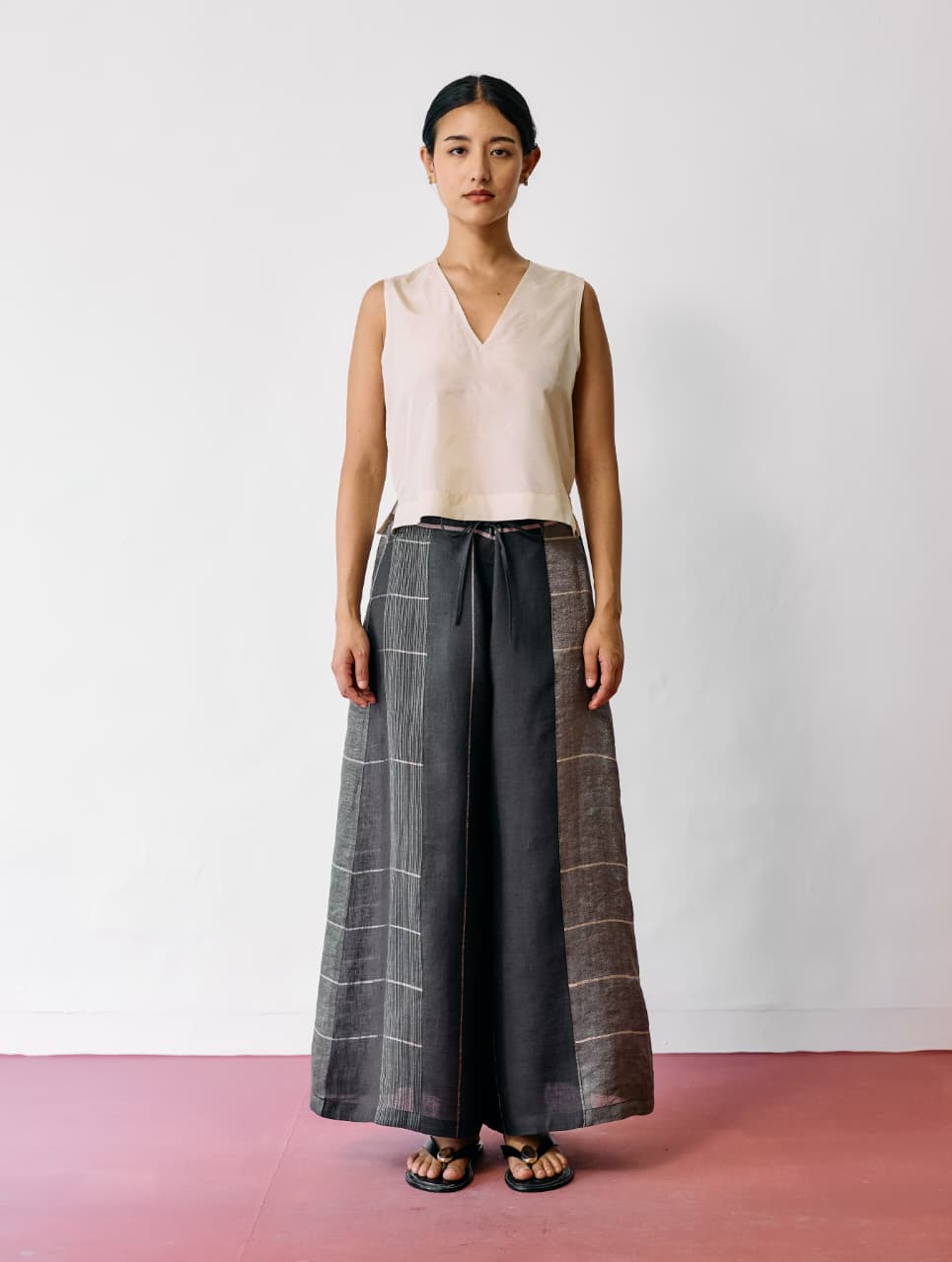 SERA WIDE-LEG METALLIC LINEN PANTS - CHARCOAL