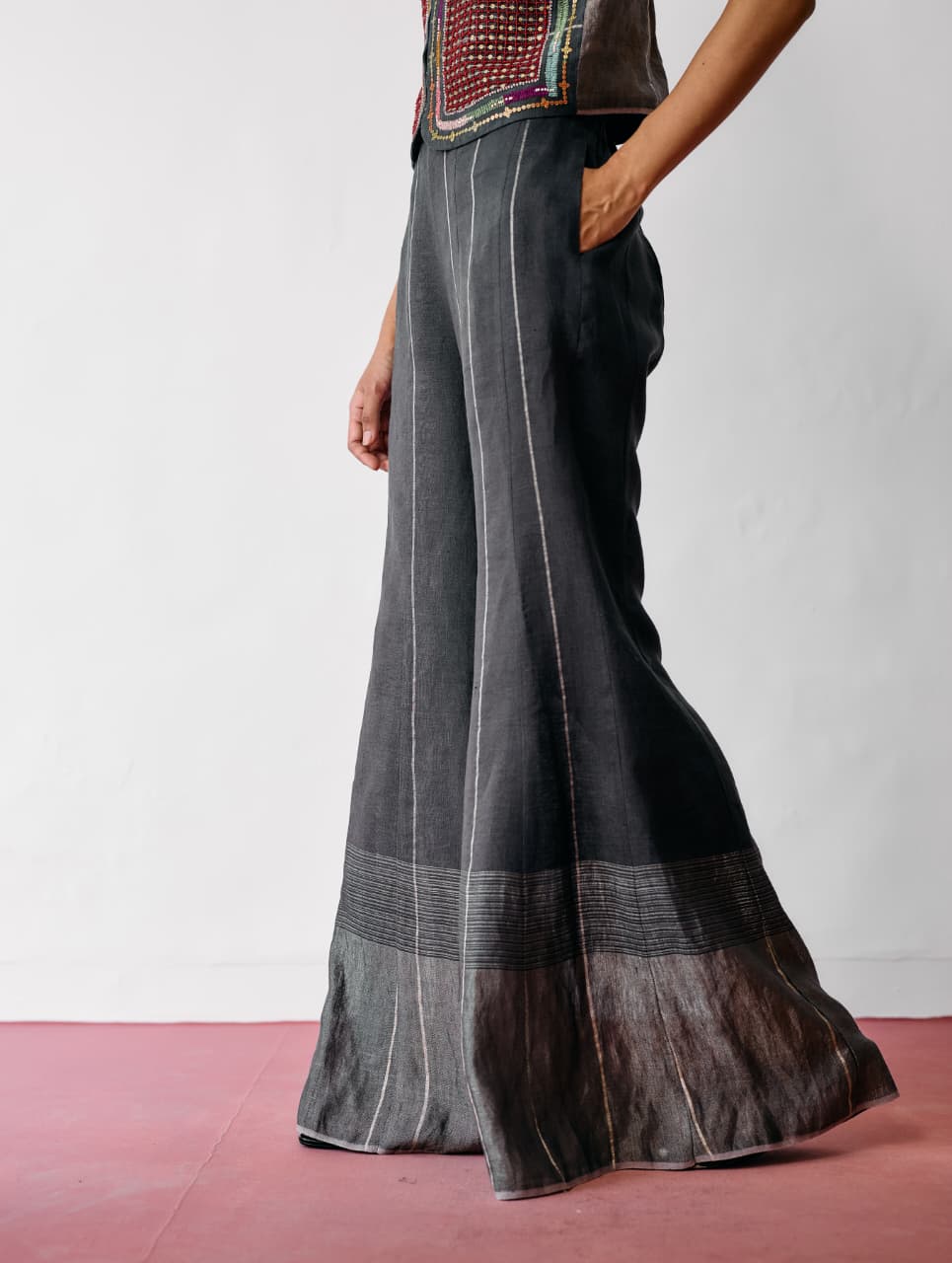 TALA METALLIC LINEN SHARARA PANTS - CHARCOAL