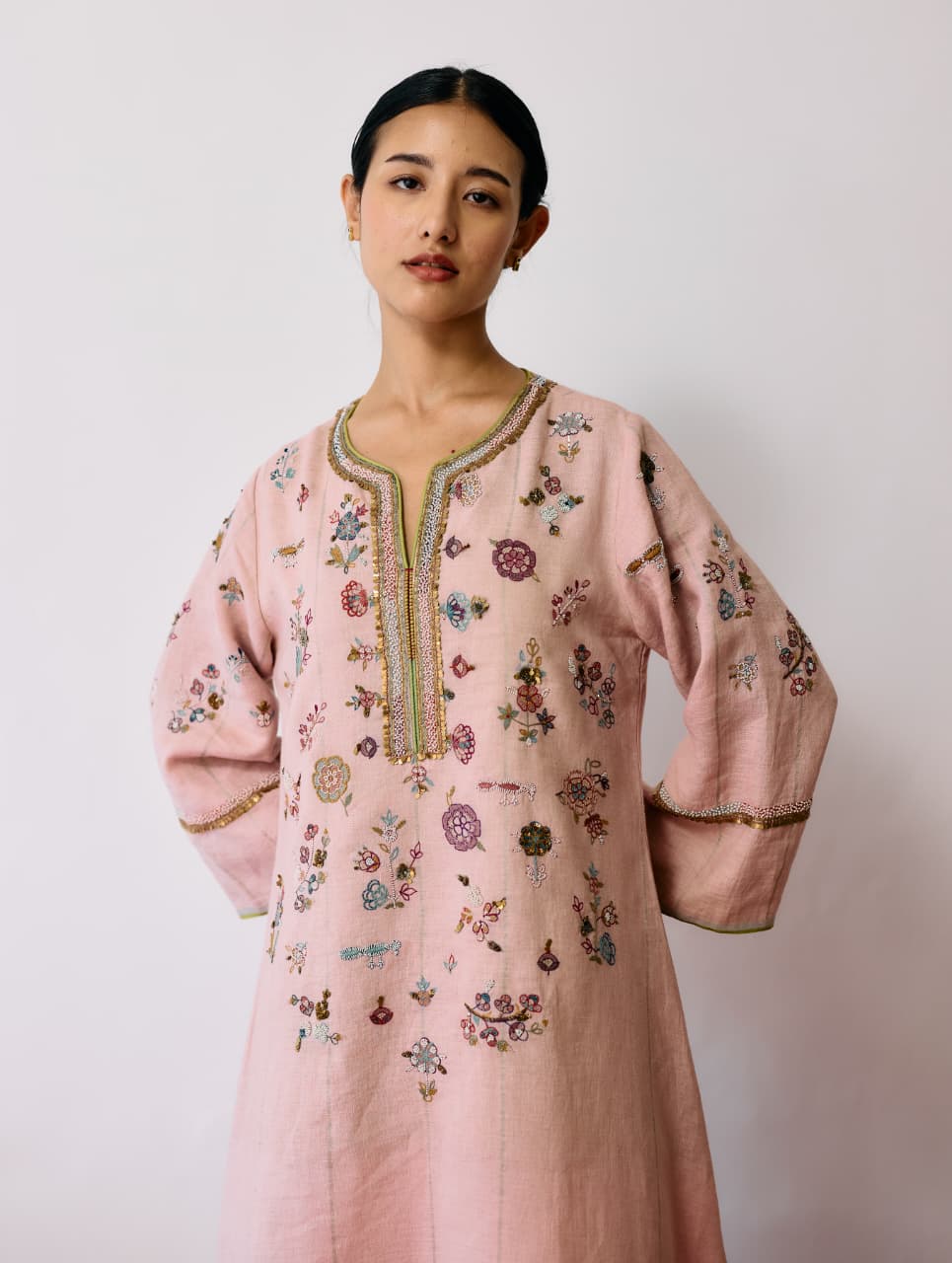 URA HAND-EMBROIDERED METALLIC LINEN KURTA - PINK