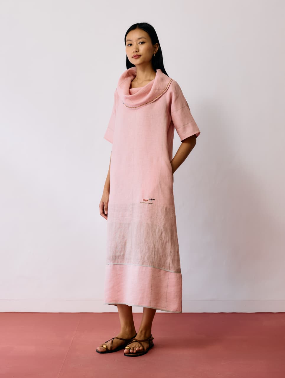 ZARAN COWL NECK METALLIC DRESS - PINK