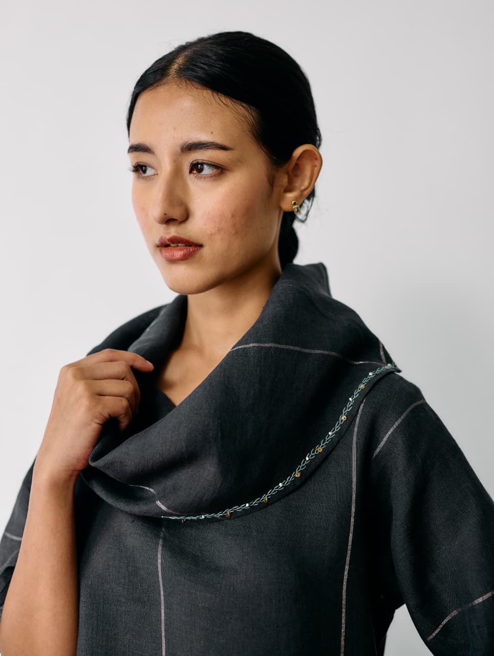 ZARAN COWL NECK METALLIC DRESS - CHARCOAL
