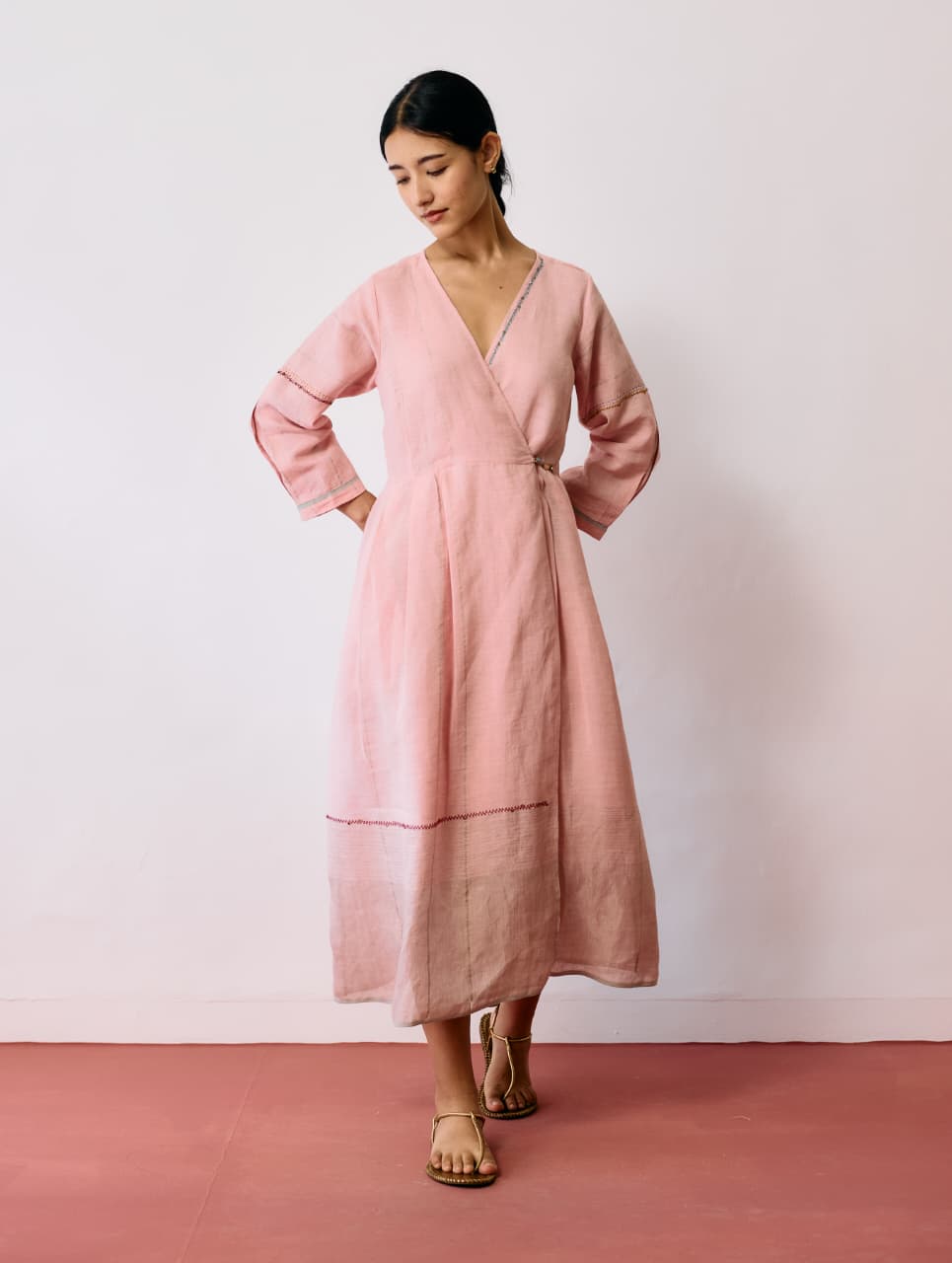 RAYA METALLIC LINEN WRAP DRESS - PINK