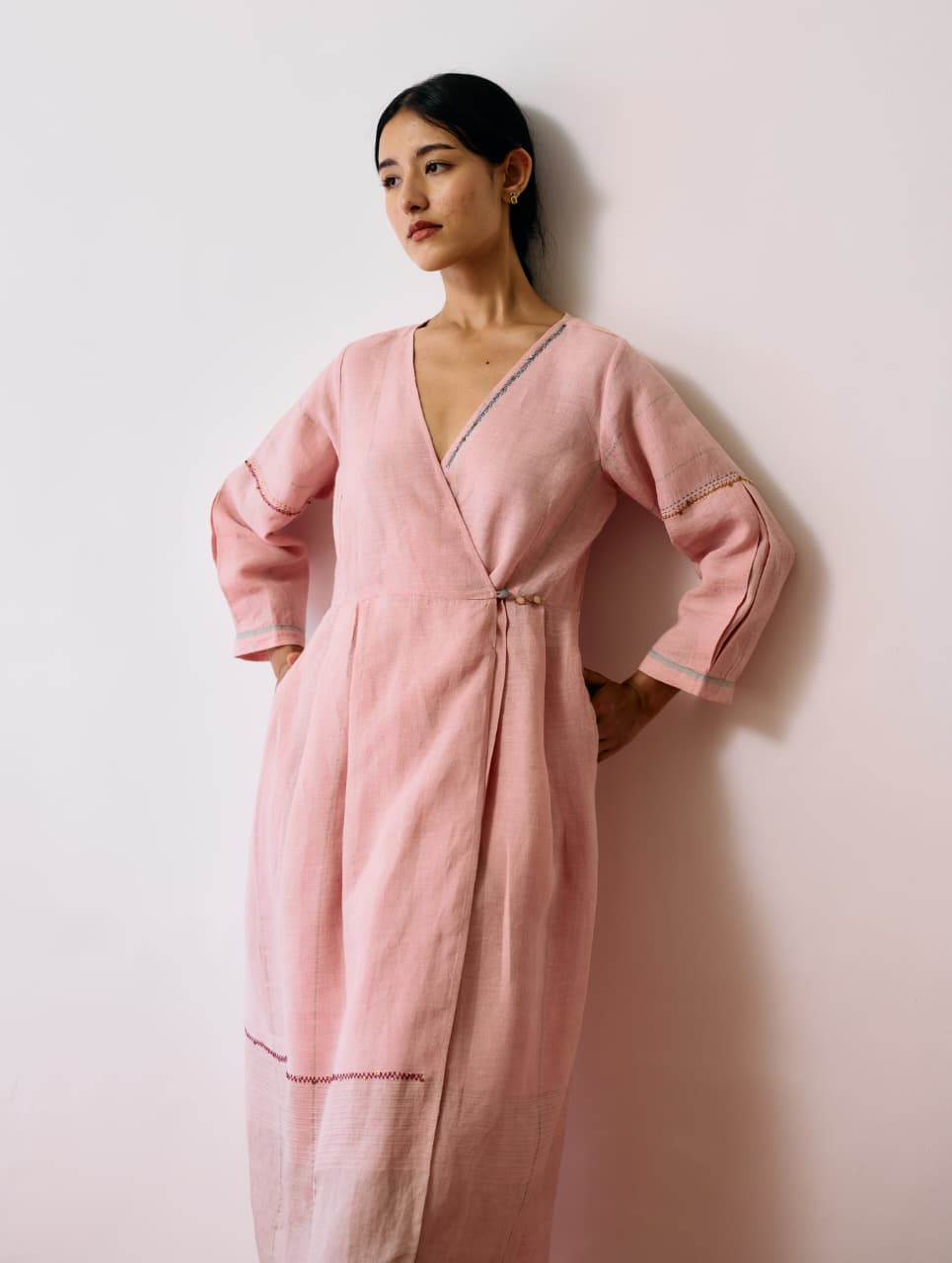 RAYA METALLIC LINEN WRAP DRESS - PINK