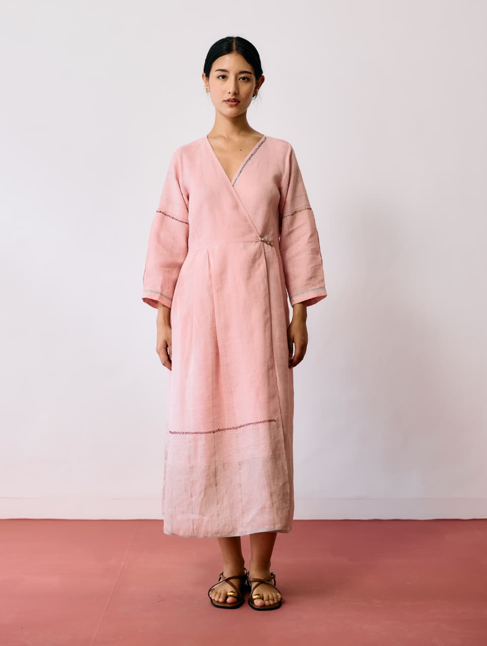 RAYA METALLIC LINEN WRAP DRESS - PINK