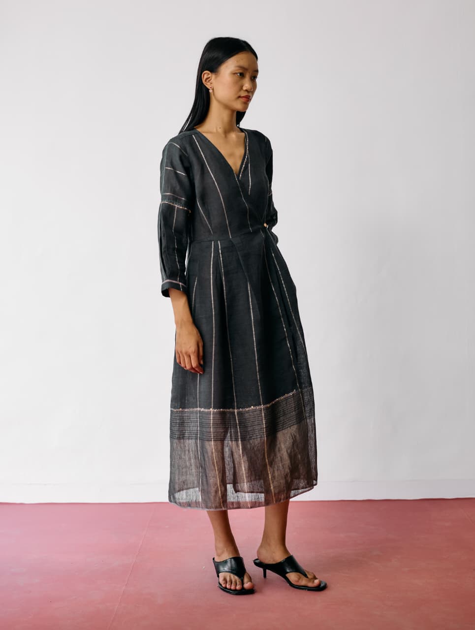 RAYA METALLIC LINEN WRAP DRESS - CHARCOAL