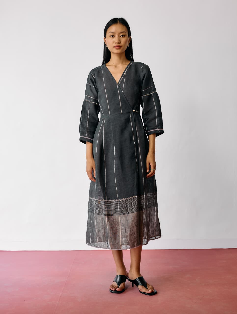 RAYA METALLIC LINEN WRAP DRESS - CHARCOAL