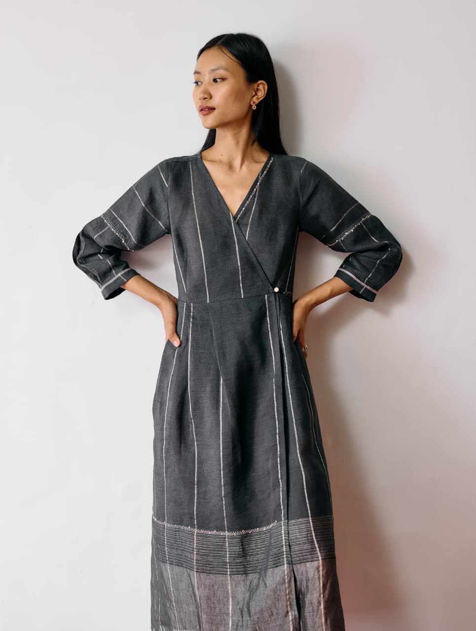 RAYA METALLIC LINEN WRAP DRESS - CHARCOAL