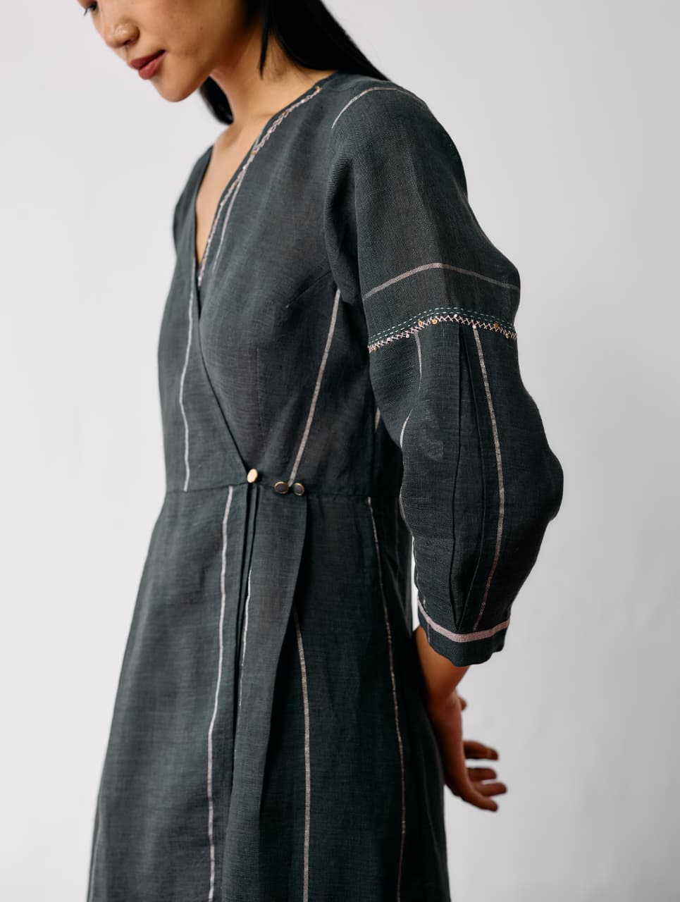 RAYA METALLIC LINEN WRAP DRESS - CHARCOAL