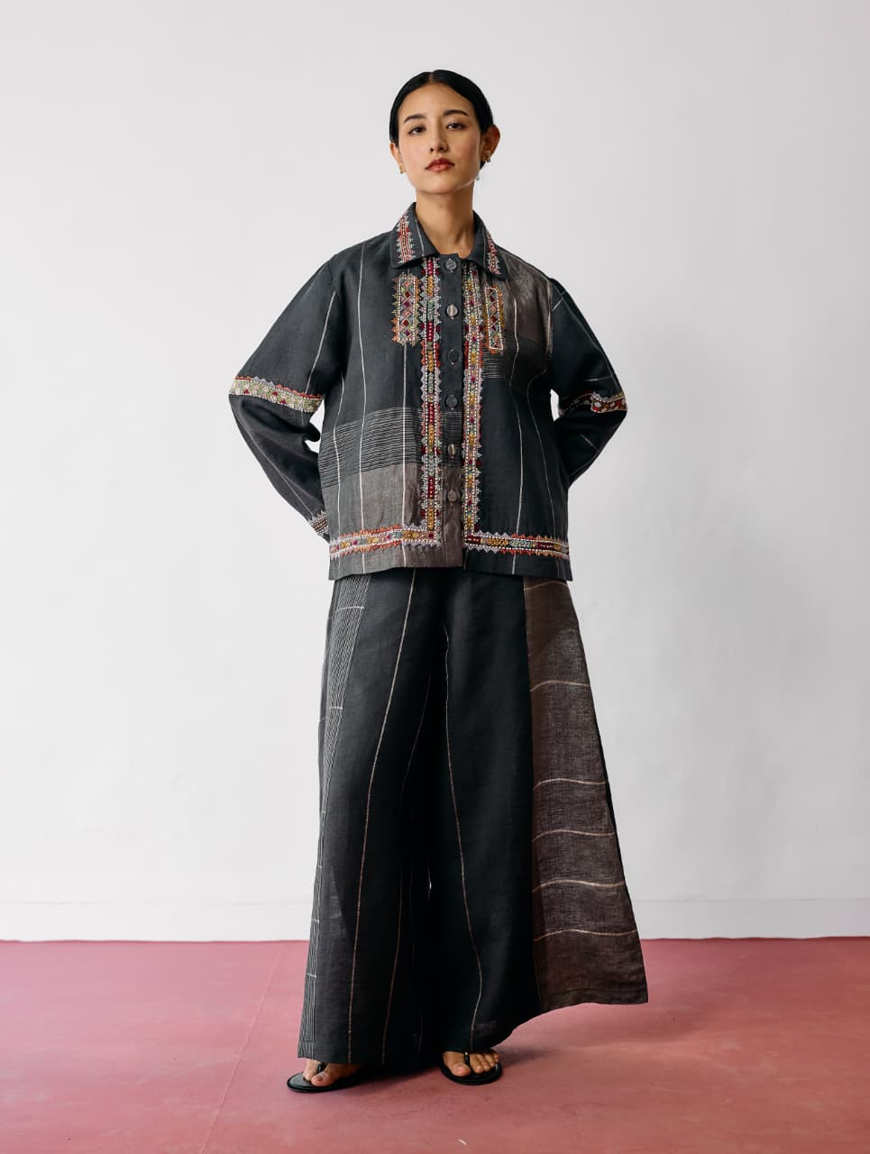 ZURI HAND-EMBROIDERED METALLIC JACKET - CHARCOAL