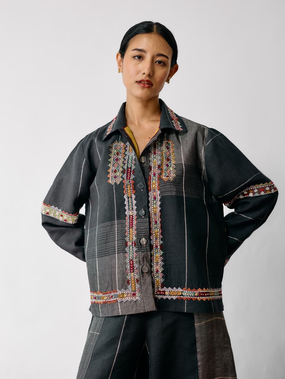 ZURI HAND-EMBROIDERED METALLIC JACKET - CHARCOAL
