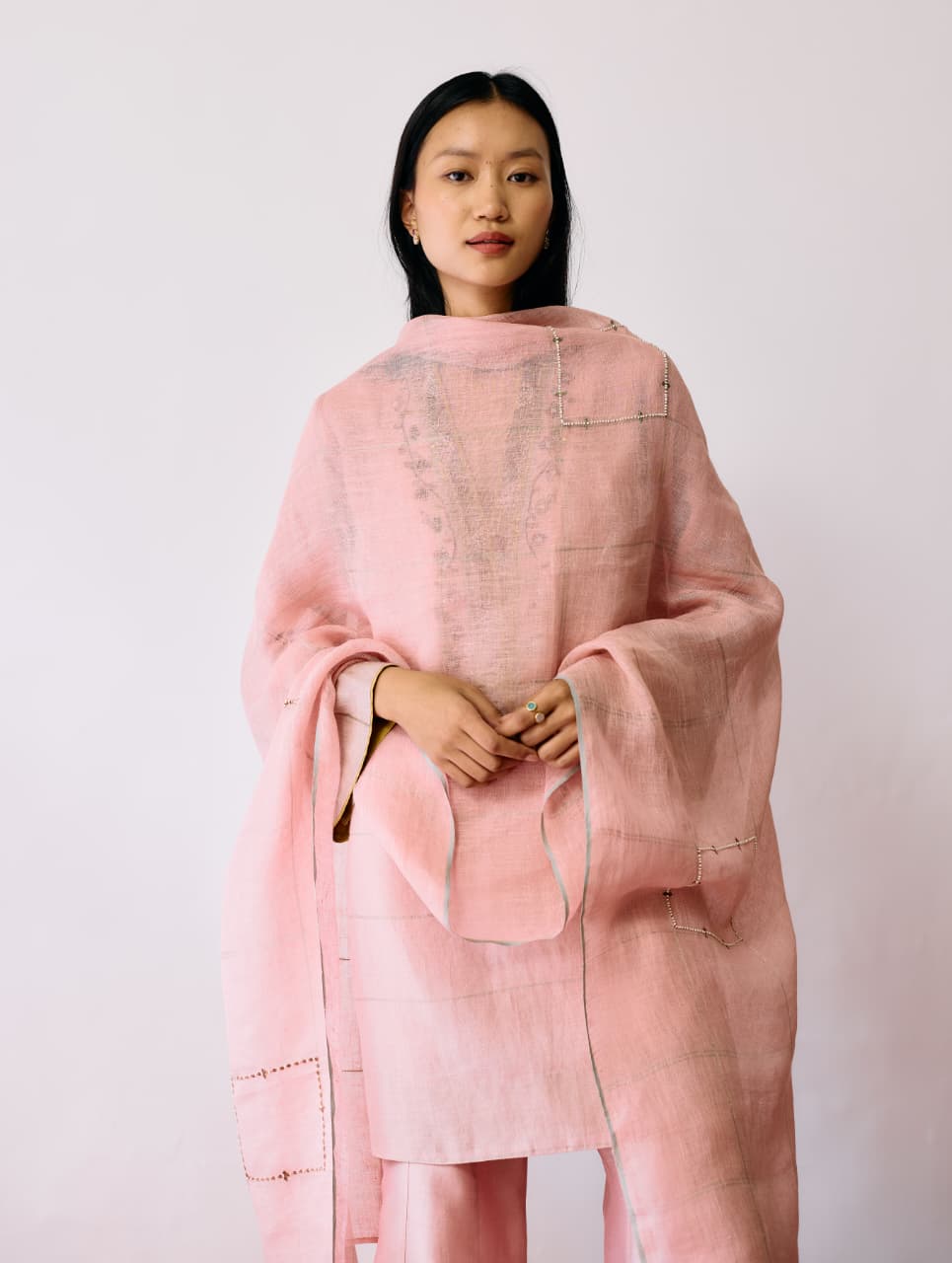 MORA HAND-EMBROIDERED METALLIC LINEN DUPATTA - PINK