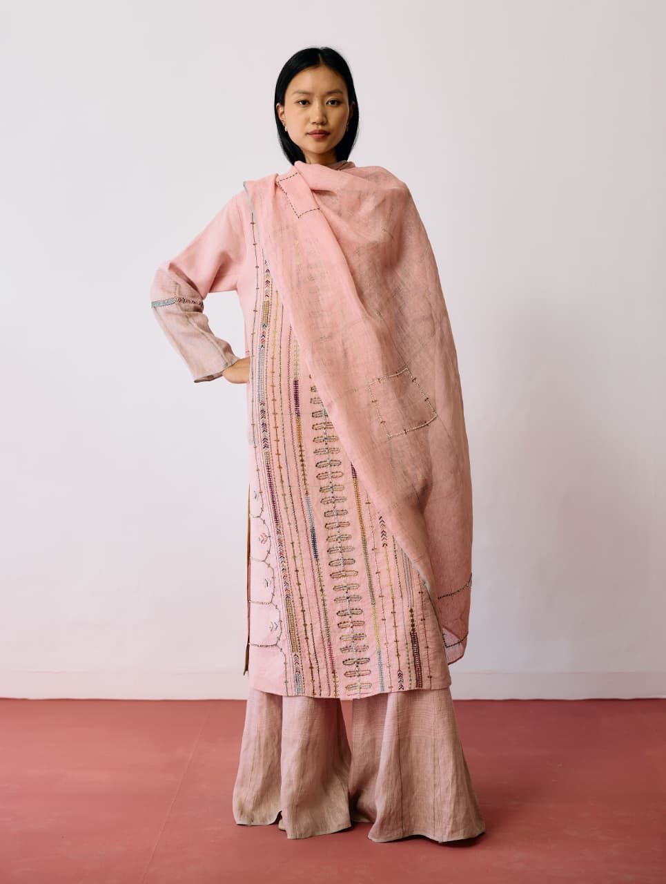 MORA HAND-EMBROIDERED METALLIC LINEN DUPATTA - PINK