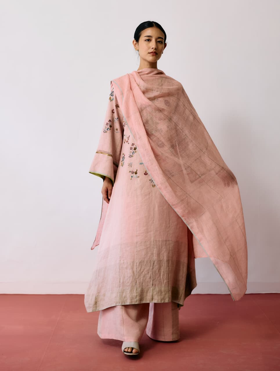 SAVA LINEN METALLIC-CHECK DUPATTA - PINK