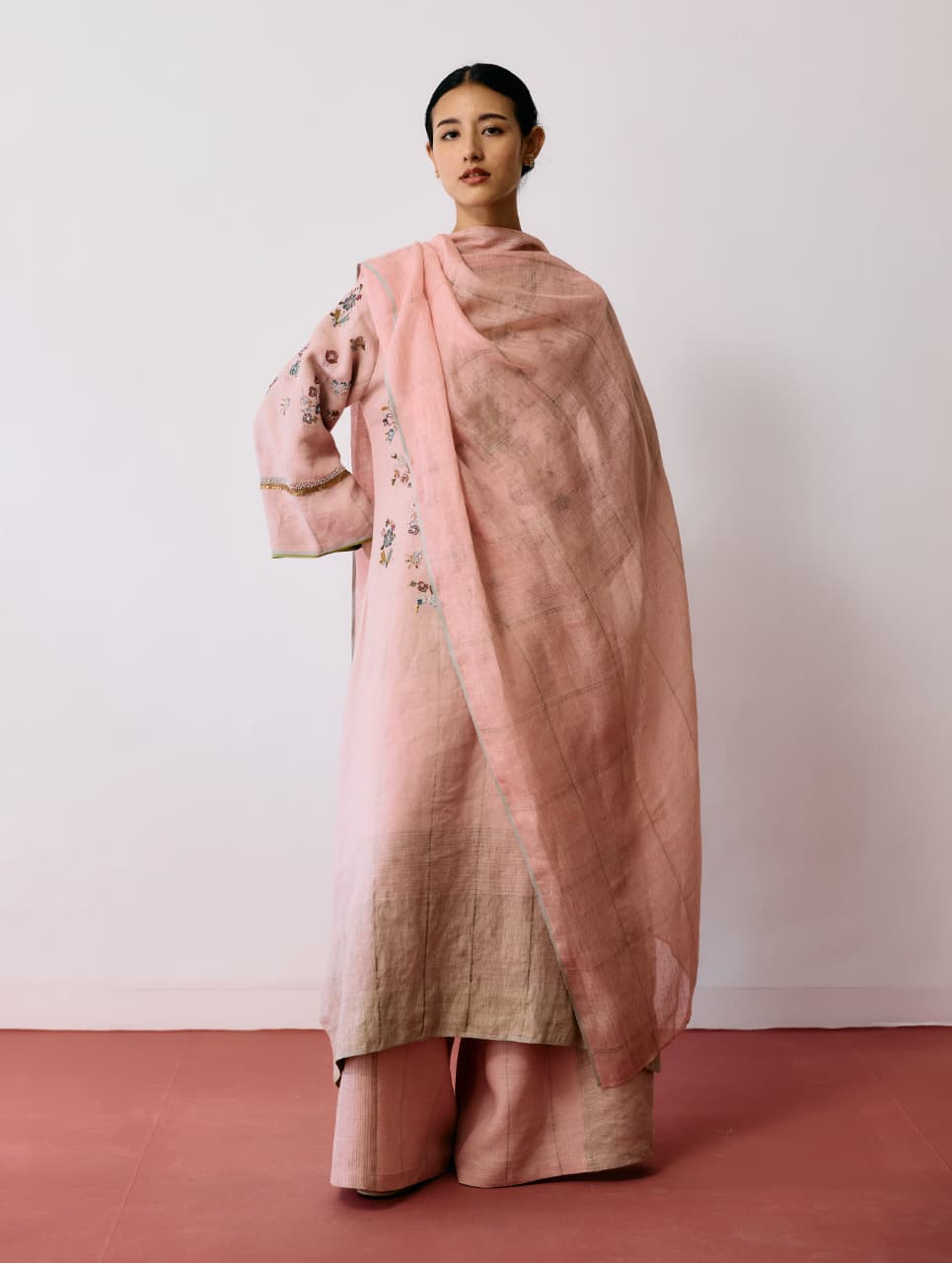 SAVA LINEN METALLIC-CHECK DUPATTA - PINK