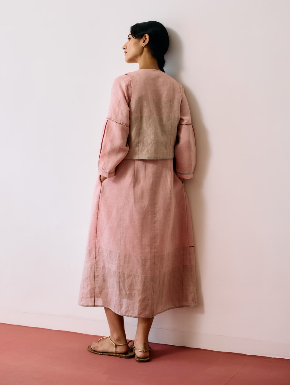 RAYA METALLIC LINEN WRAP DRESS WITH JACKET - PINK