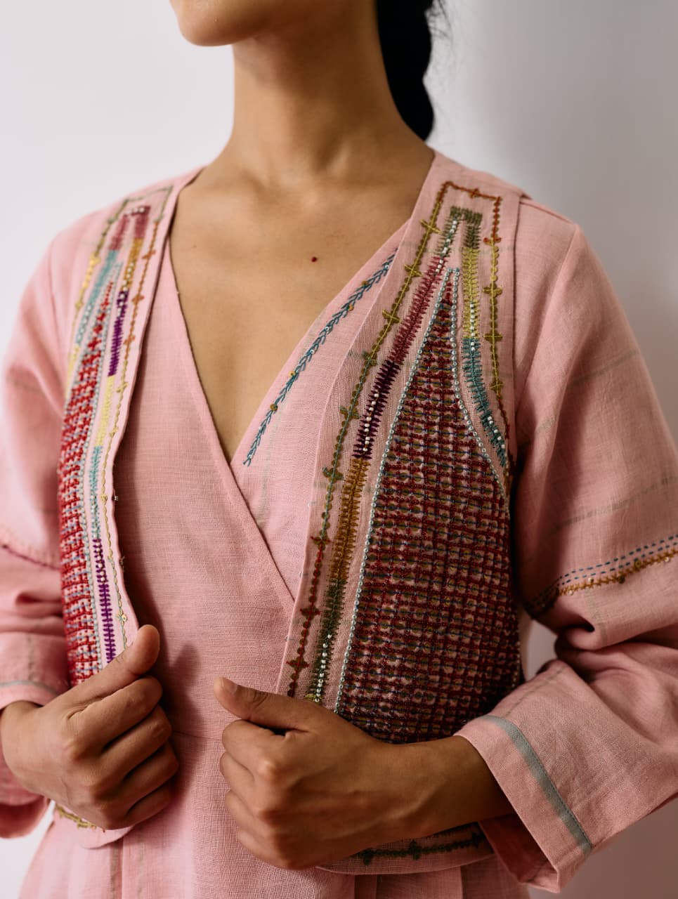 RAYA METALLIC LINEN WRAP DRESS WITH JACKET - PINK