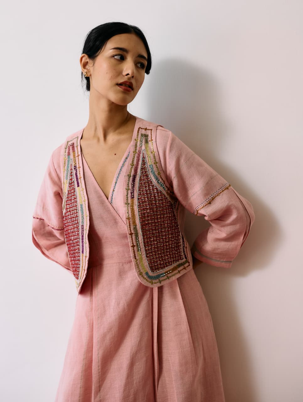 RAYA METALLIC LINEN WRAP DRESS WITH JACKET - PINK