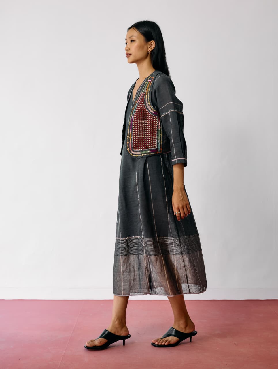 RAYA METALLIC LINEN WRAP DRESS WITH JACKET - CHARCOAL