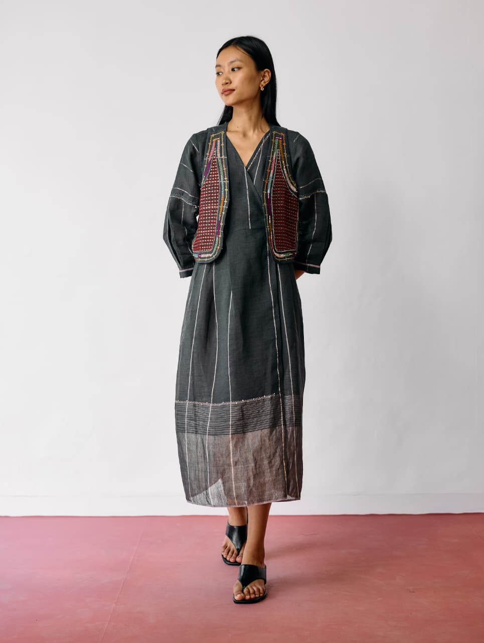 RAYA METALLIC LINEN WRAP DRESS WITH JACKET - CHARCOAL