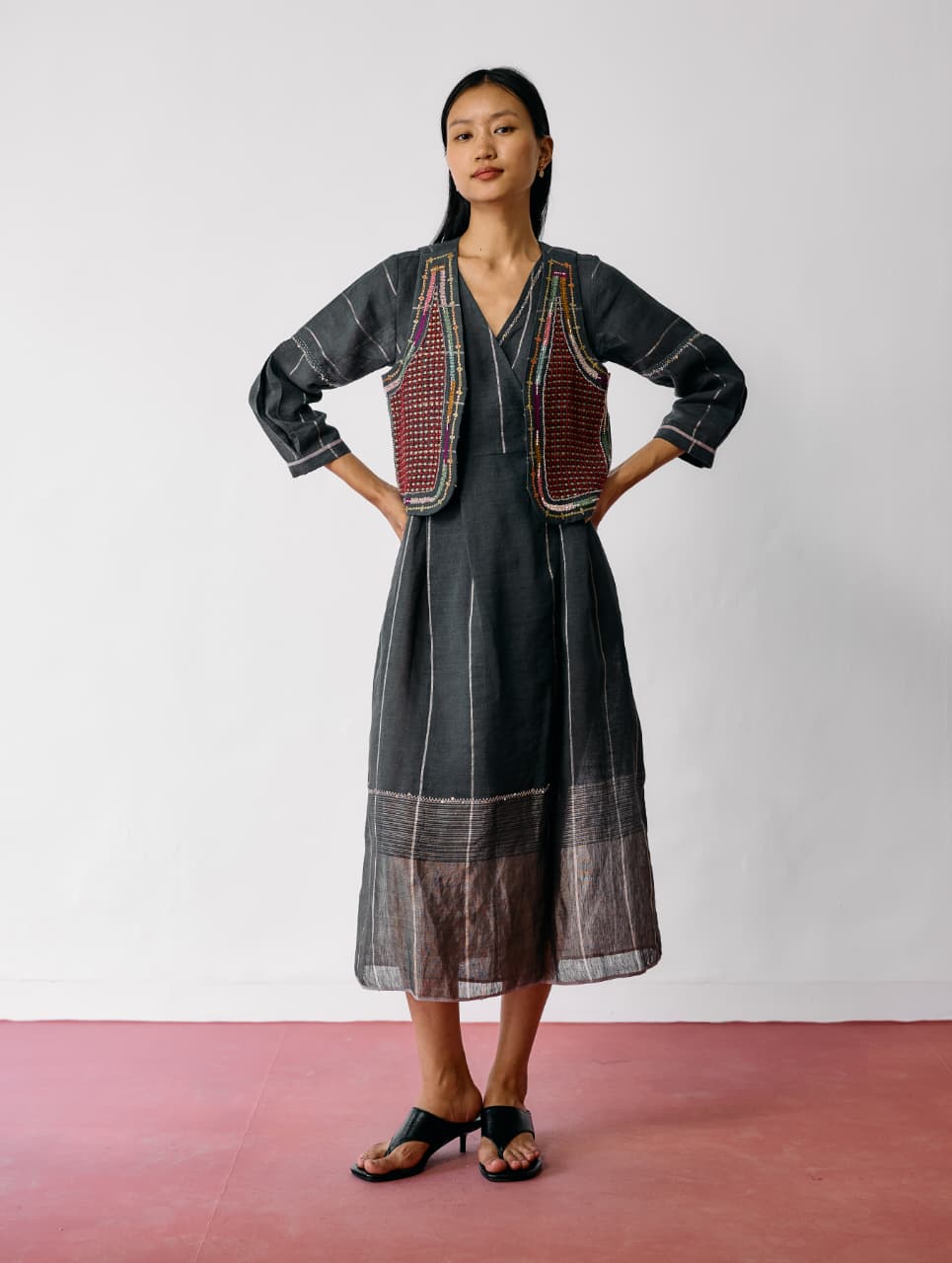 RAYA METALLIC LINEN WRAP DRESS WITH JACKET - CHARCOAL
