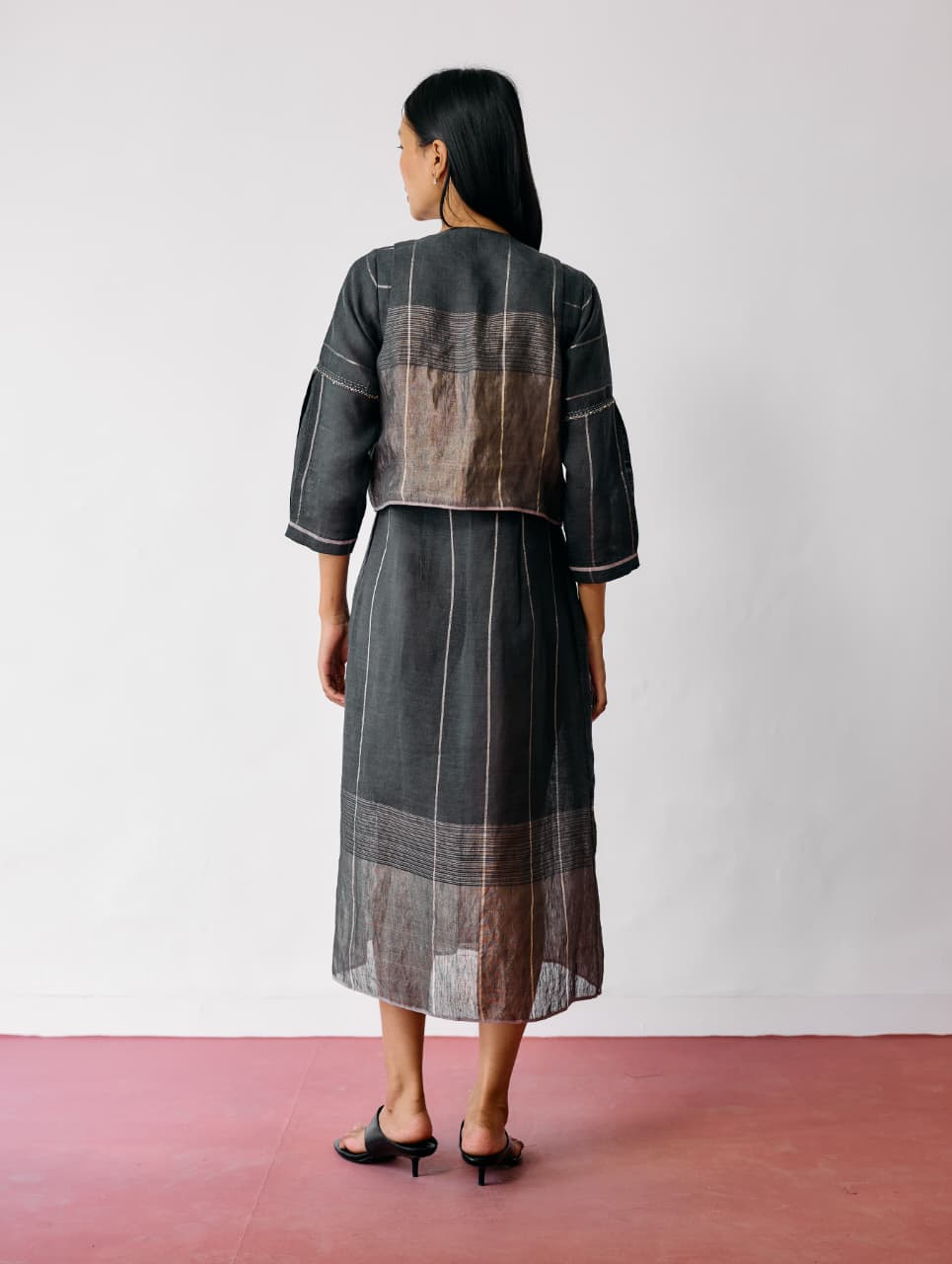 RAYA METALLIC LINEN WRAP DRESS WITH JACKET - CHARCOAL