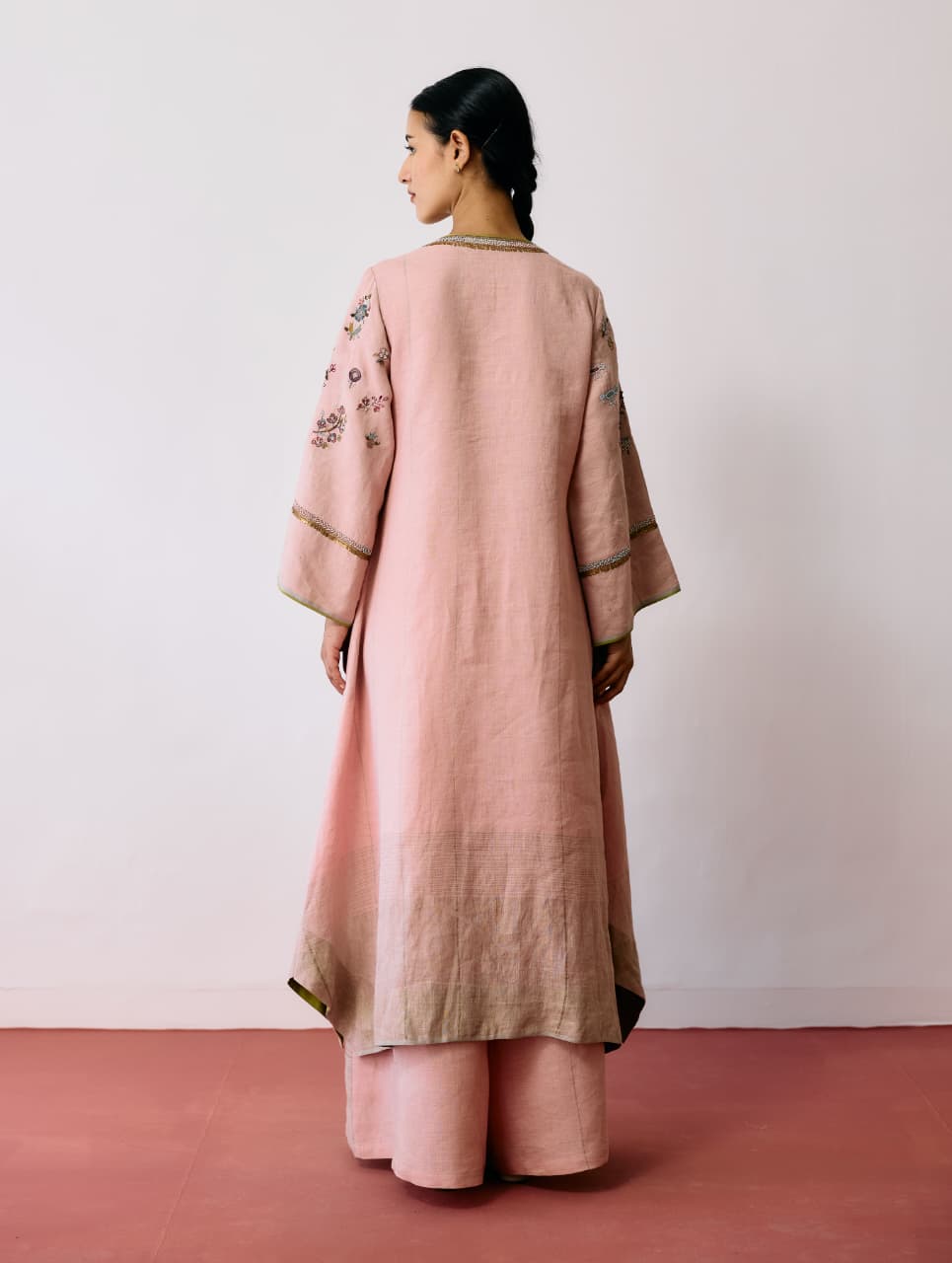 URA HAND-EMBROIDERED METALLIC LINEN KURTA SET - PINK