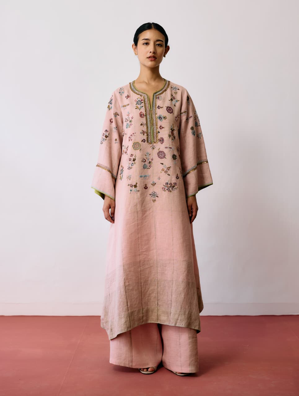 URA HAND-EMBROIDERED METALLIC LINEN KURTA SET - PINK