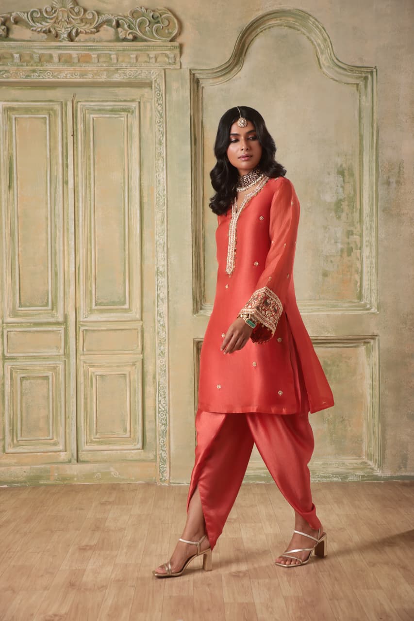 ZAR-RANG ORANGE SHORT KURTA SET