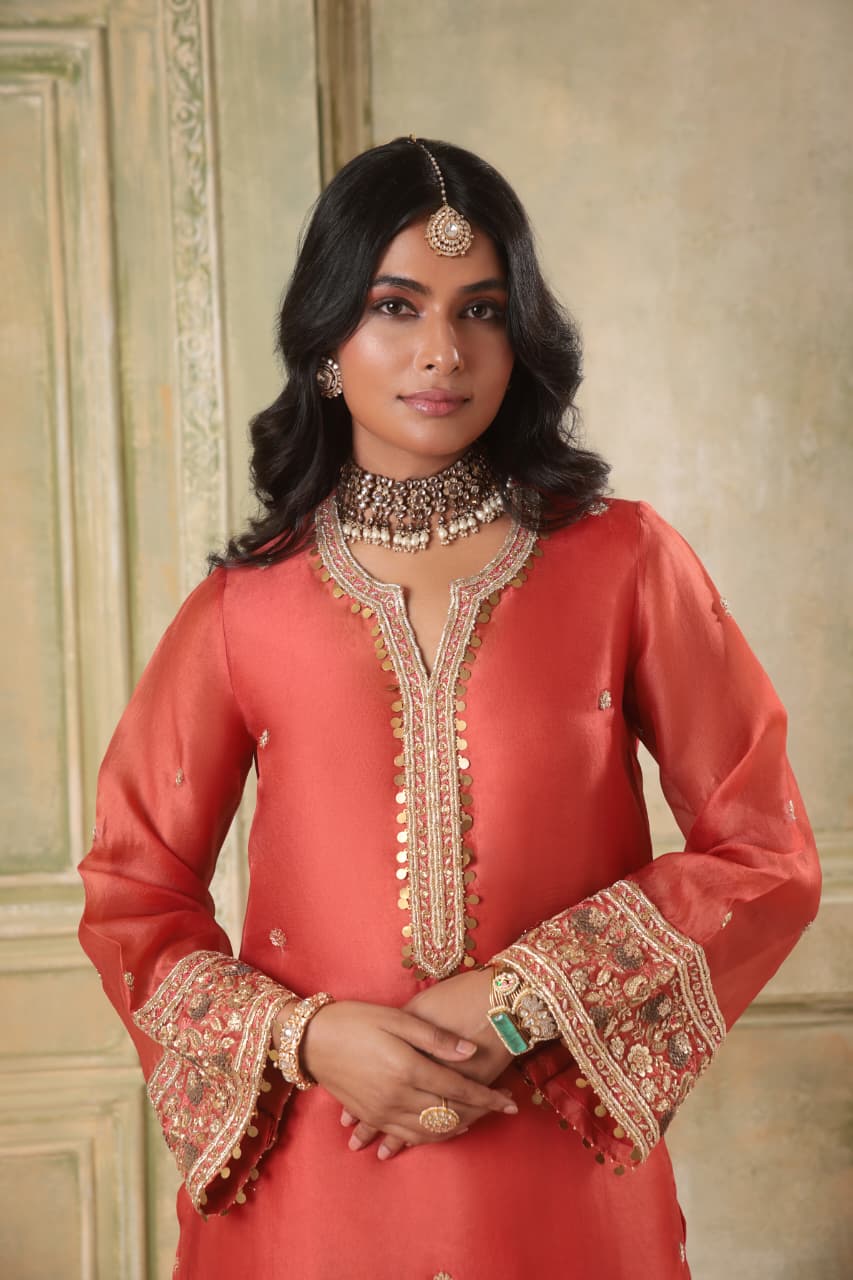 ZAR-RANG ORANGE SHORT KURTA SET