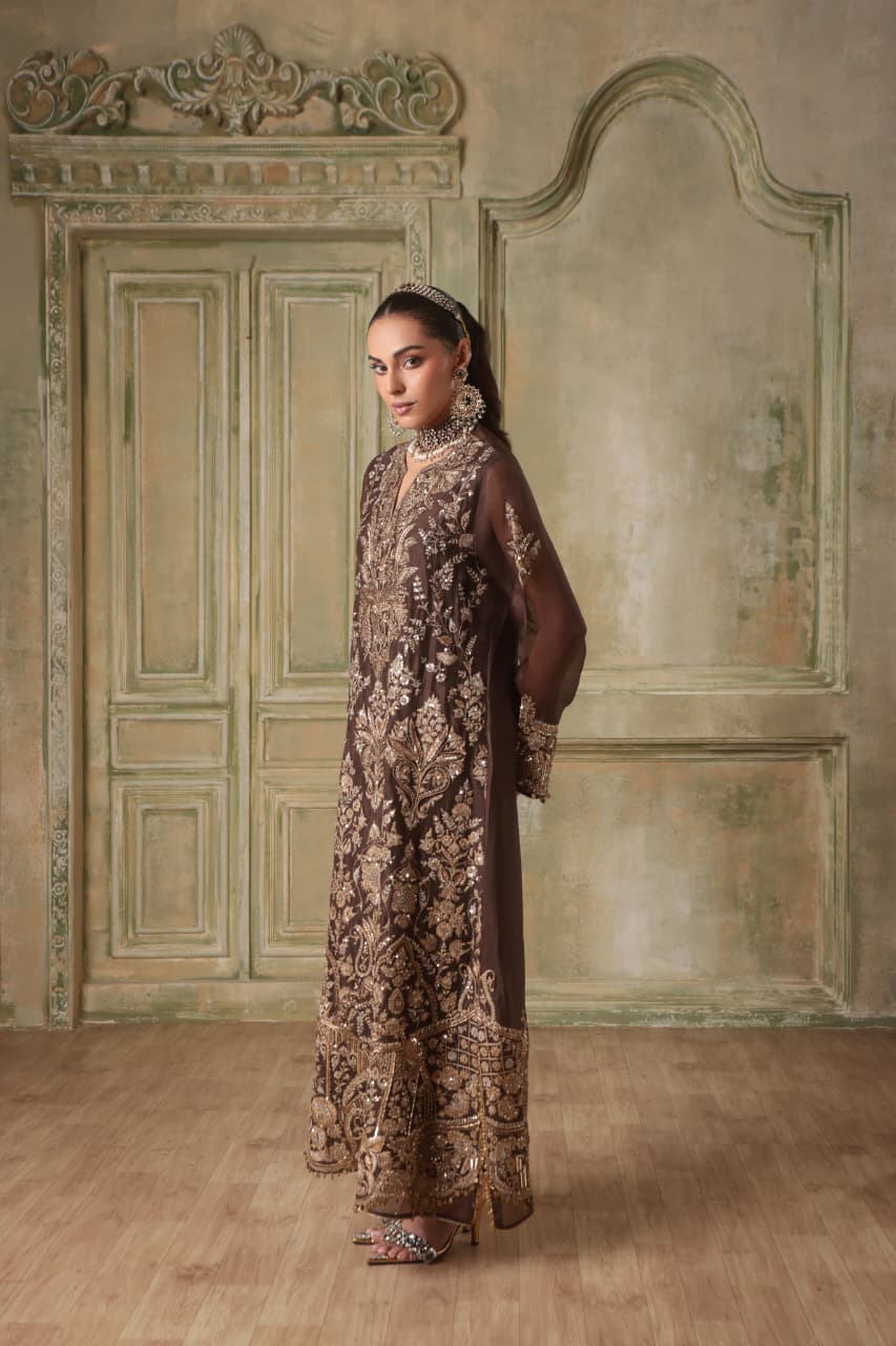 ZAR-RANG BROWN HEAVY JAAL KAFTAN SET