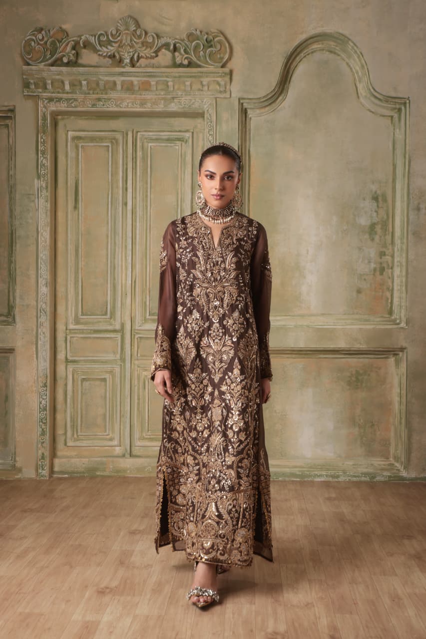 ZAR-RANG BROWN HEAVY JAAL KAFTAN SET