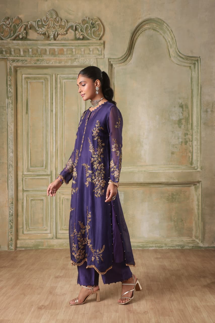 ZAR-RANG PURPLE MULTICOLOR JAAL KURTA SET