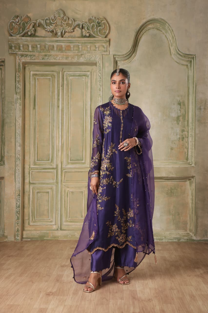 ZAR-RANG PURPLE MULTICOLOR JAAL KURTA SET