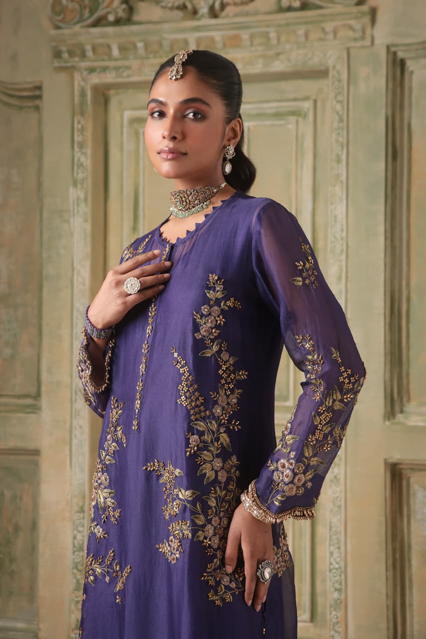 ZAR-RANG PURPLE MULTICOLOR JAAL KURTA SET