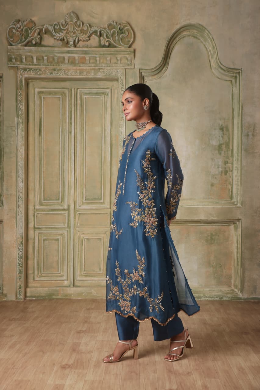 ZAR-RANG BLUE MULTICOLOR JAAL KURTA SET