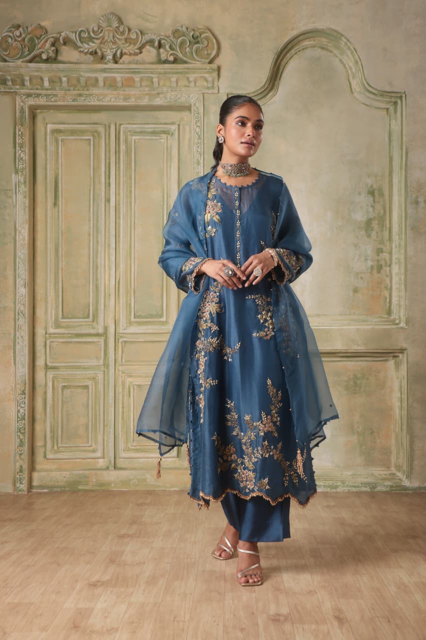 ZAR-RANG BLUE MULTICOLOR JAAL KURTA SET