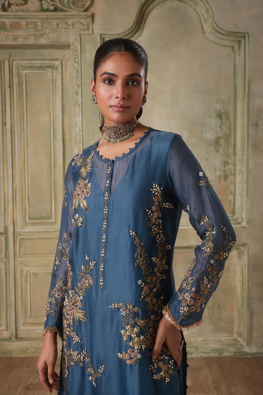 ZAR-RANG BLUE MULTICOLOR JAAL KURTA SET