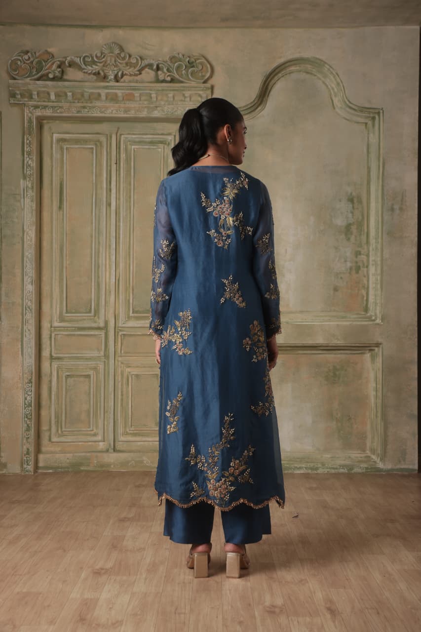 ZAR-RANG BLUE MULTICOLOR JAAL KURTA SET