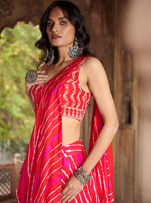 Sarang leheriya drape saree with a belt